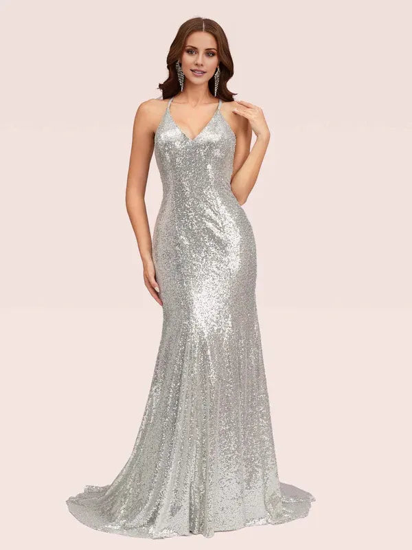 Weitese Dress Spaghetti Straps Halter V-neck Sexy Backless Silver Sleeveless Sequin Long Mermaid Prom Dresses